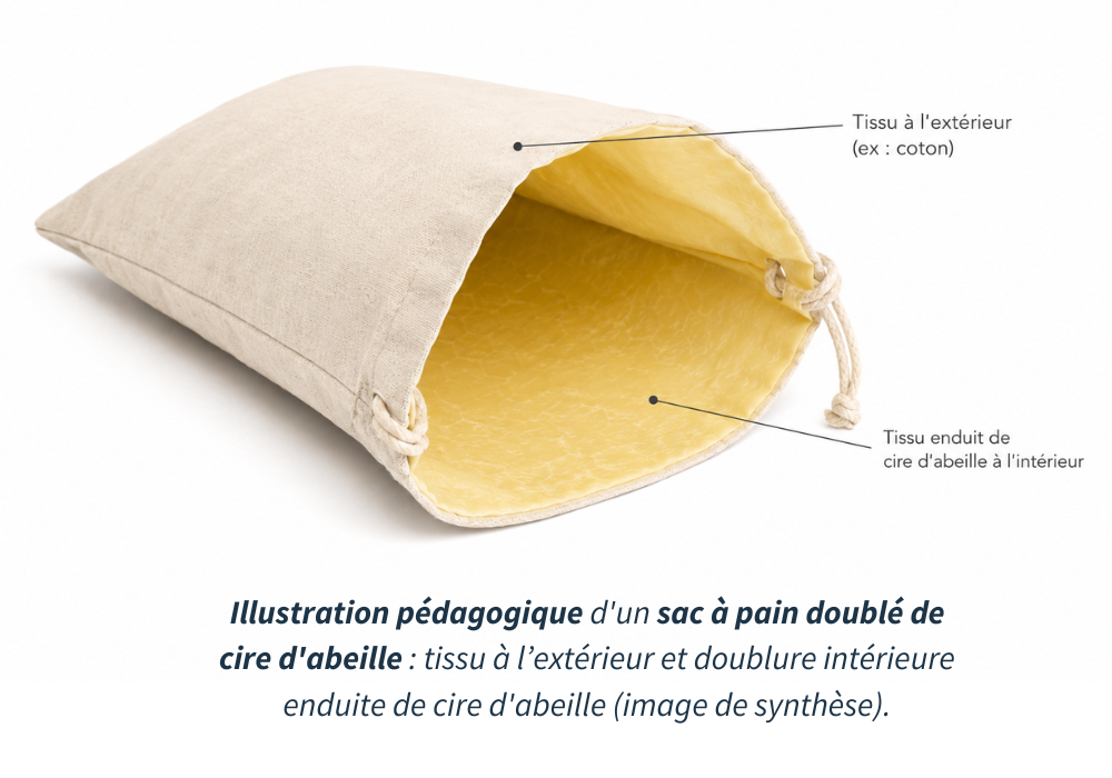 Illustration pédagogique d'un sac à pain doublé de cire d'abeille : tissu à l’extérieur et doublure intérieure enduite de cire d'abeille (image de synthèse).