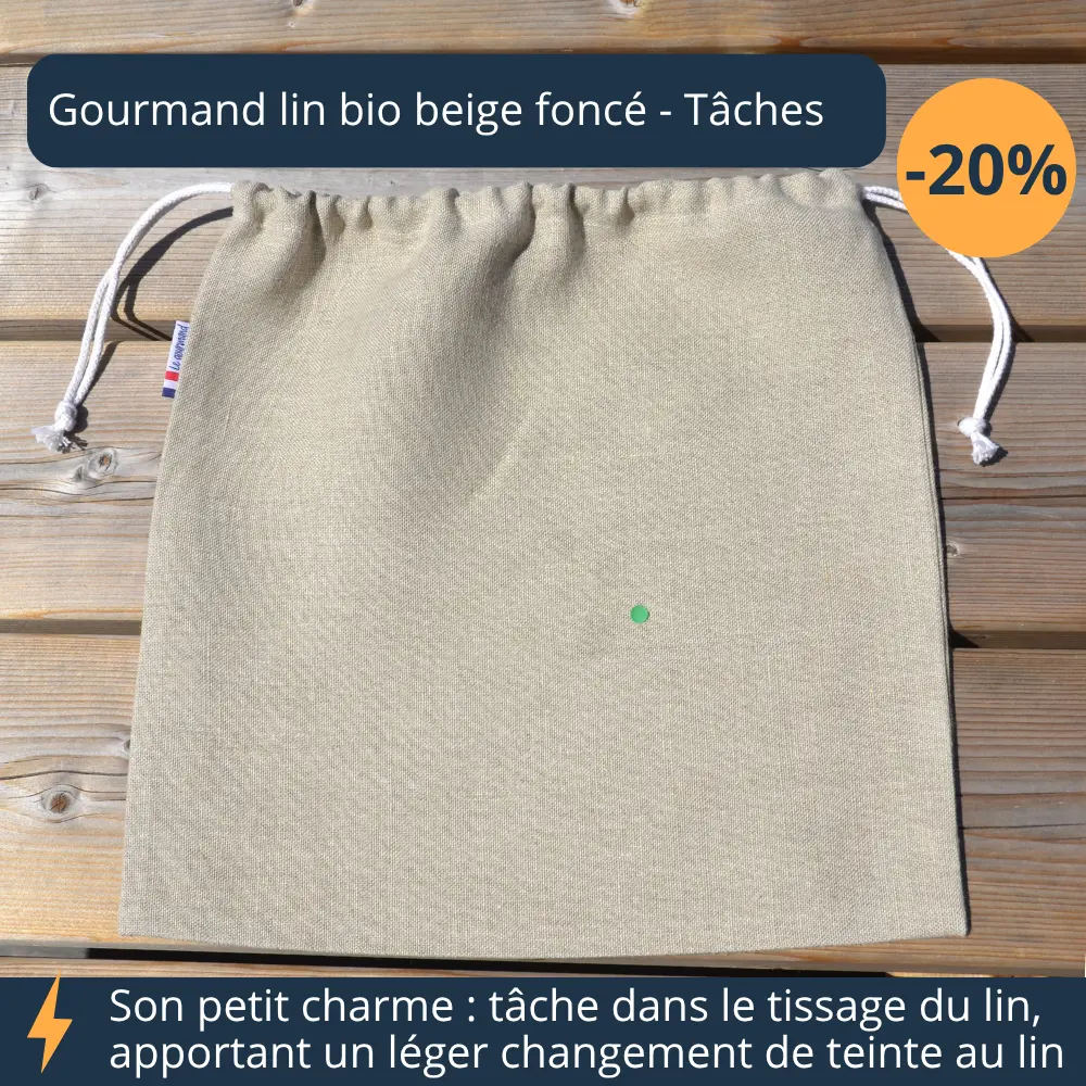 Gourmand beige foncé lin bio avec tâches, recalé