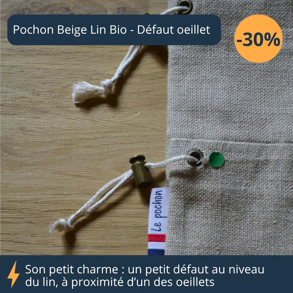 pochon-beige-lin-bio-recale-defaut-oeillet-zoom Pochon beige lin bio recalé avec un petit défaut au niveau du lin proche de l'œillet du bas, zoom