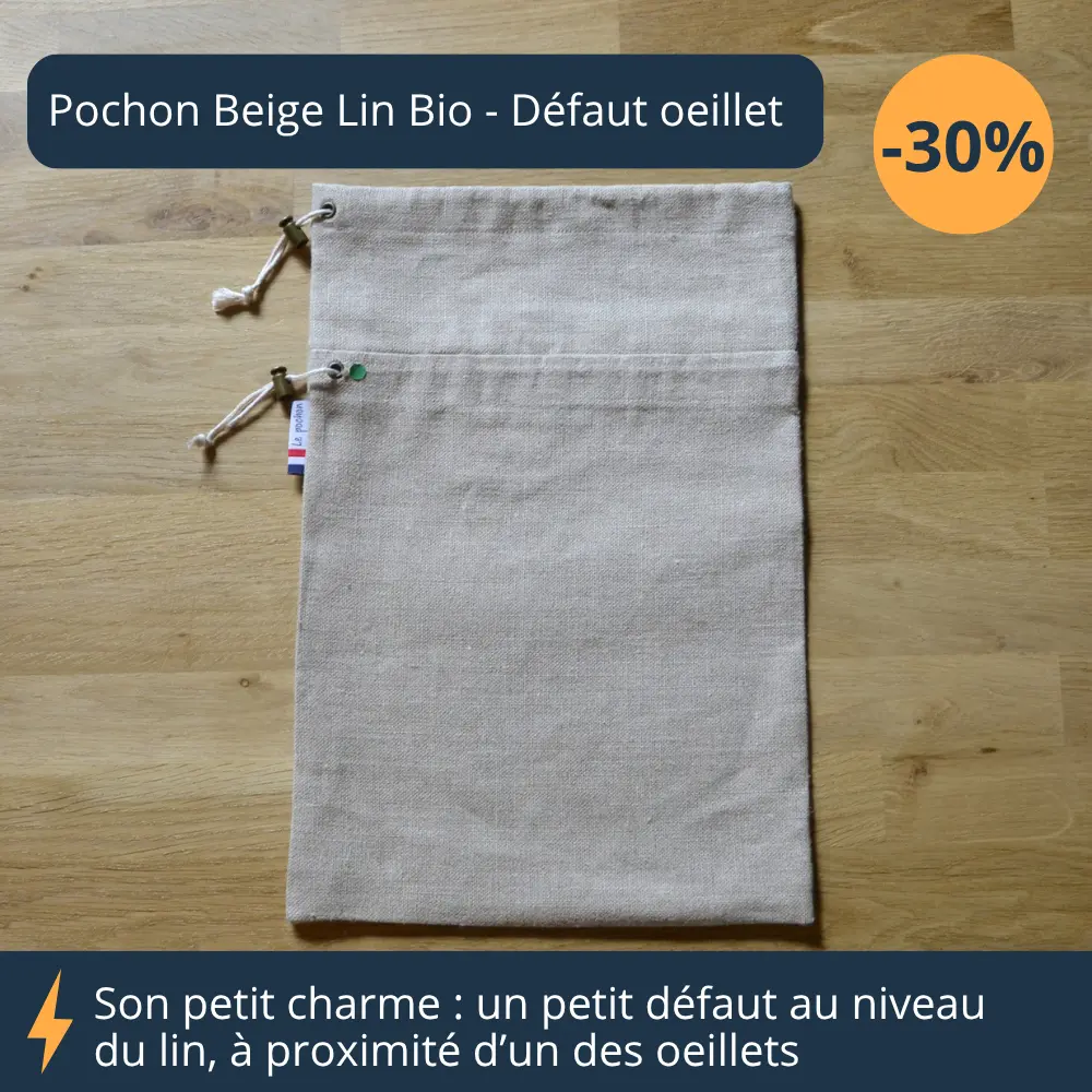 pochon-beige-lin-bio-recale-defaut-oeillet Pochon beige lin bio recalé avec un petit défaut au niveau du lin proche de l'œillet du bas