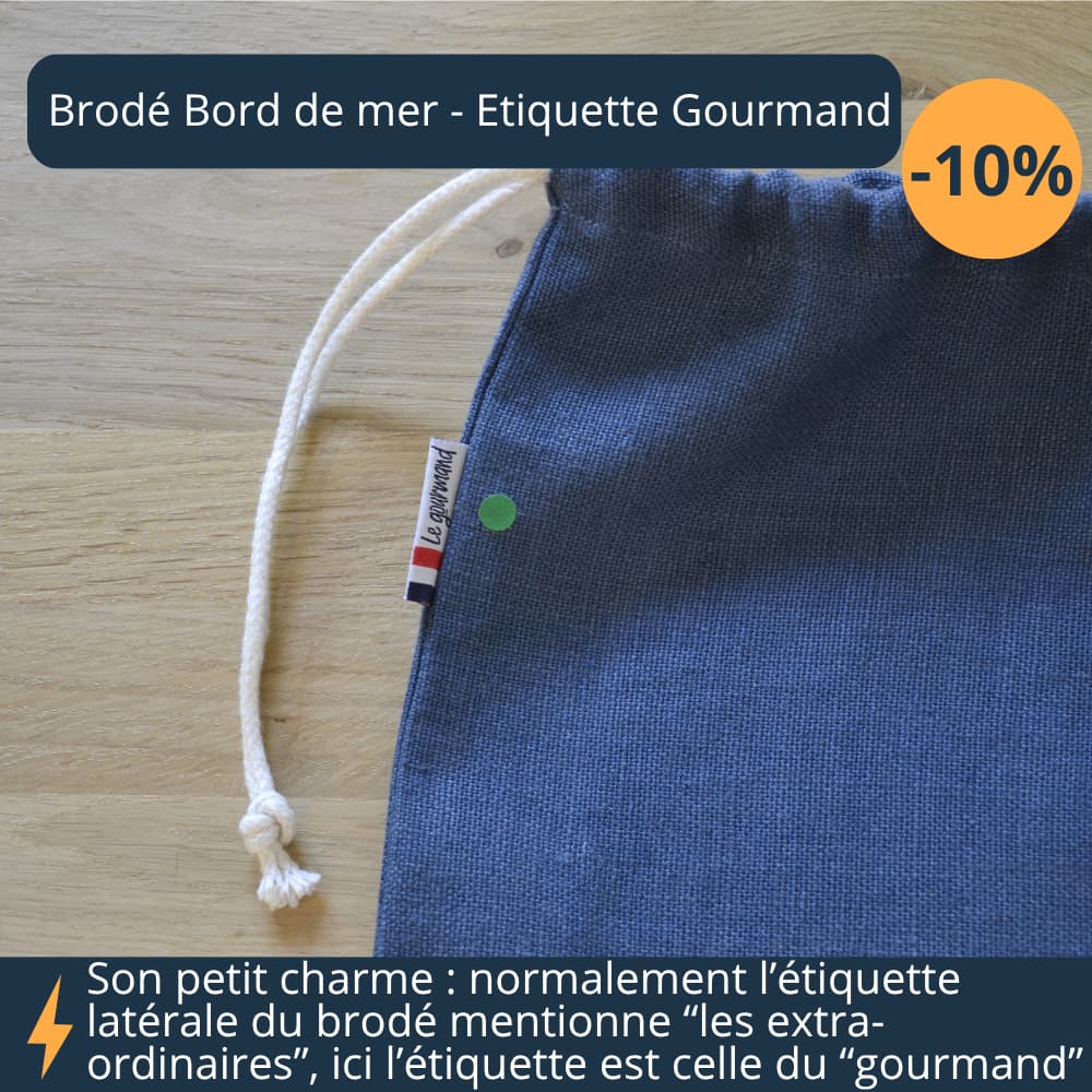 Sac à pain brodé bord de mer, recalé, zoom sur l'étiquette gourmand